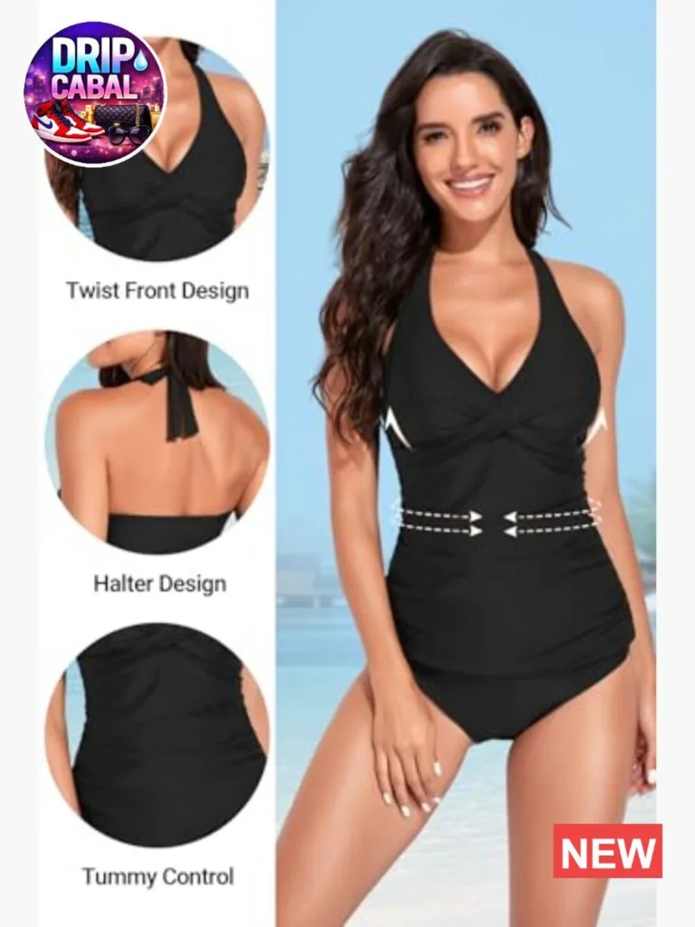 Halter Tankini Top Tummy Control Twist Front V Neck Swim Top Only